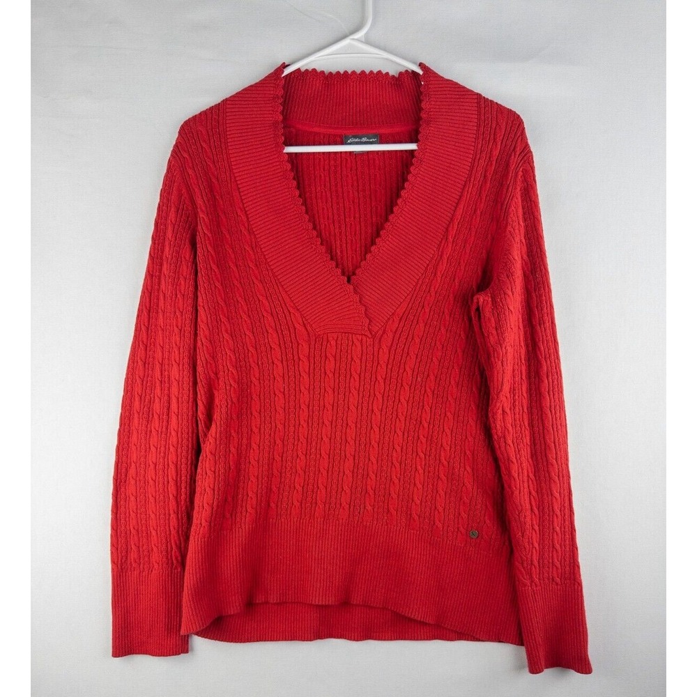 Eddie Bauer Fisherman Sweater Womens Petites Large Red V Neck Pullover Cableknit